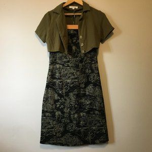 Y2K le Chateau Gothic Toile Cotton Dress + Olive Linen Crop Jacket